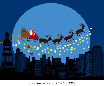 Urban holiday background illustration with santa claus and deers silhouettes flying over a city