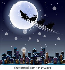 urban holiday background illustration with santa claus and deers silhouettes flying over a city