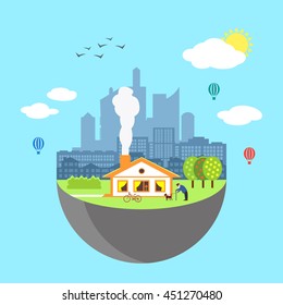 Urban home earth concept. Vector illustration for global design. Flat cartoon style. City building planet. Skyscraper world on blue sky background Real estate city infrastructure Modern district scene