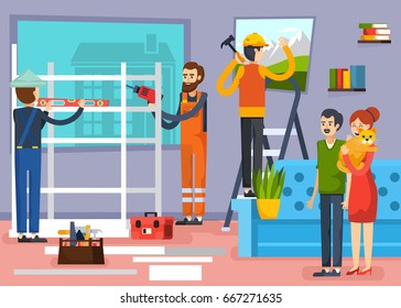 Urban home renovation flat composition poster with carpenters construction workers and apartment owners with pet vector illustration 