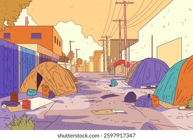 Urban homelessness scene tents street alleyway colorful buildings power lines scattered debris warm tones