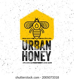 Urban Honey Organic Craft Vector Design Element. Line Bee Illustration On Textured Background