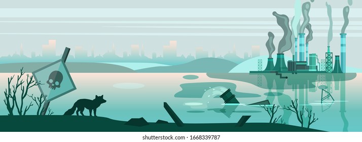 Urban horizontal banner with factory pipes emitting toxic smoke and sewage. Environment pollution concept in flat style. Plant near the river in grey colors with skull signboard and suffering fox 