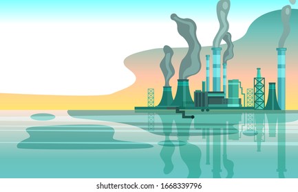 Urban horizontal banner with factory pipes emitting toxic smoke into the air. Environment pollution concept in flat style with copy space. Plant near the river in grey color scheme.  