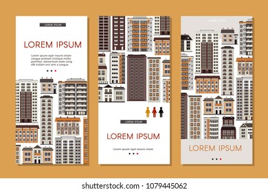 Urban house banners set with various multistorey apartment, office and public buildings isolated on white background - real estate and property vertical posters, vector illustration.