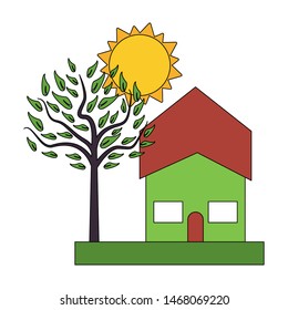 urban house residence home, outdoor scene with tree and sun cartoon vector illustration graphic design vector illustration graphic design