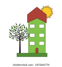 urban house residence home, outdoor scene with tree and sun cartoon vector illustration graphic design vector illustration graphic design