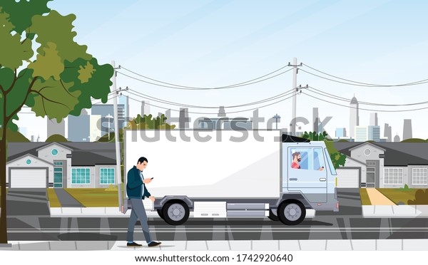 Urban houses with garden on a
street in summer  with background city. Vector flat
illustration