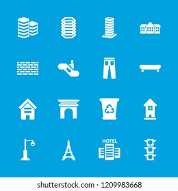 Urban icon. collection of 16 urban filled icons such as building, street lamp, brick wall, escalator down, business center building. editable urban icons for web and mobile.