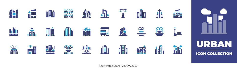 Urban icon collection. Duotone color. Vector illustration. Containing building, bike, city, urbanity, fountain, canal, skyscrapers, officebuilding, streetlight, hospital, busstop, street, village.