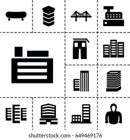 Urban icon. set of 13 filled urbanicons such as building, business center building, pants, hoodie, business center, bridge
