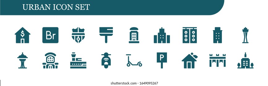 urban icon set. 18 filled urban icons.  Simple modern icons such as: House, Bridge, Nantes, Scraper, Telephone booth, Building, Traffic light, Space needle, Mall, Control tower