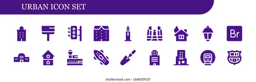 urban icon set. 18 filled urban icons.  Simple modern icons such as: Building, Scraper, Traffic lights, Apartments, Clock tower, Democracy monument, House, Lamppost, Bridge, Train station