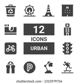 urban icon set. Collection of 12 filled urban icons included Skater, Desk lamp, Parking, Grip, Traffic light, Hotel, London eye, Skate park, Recycling bin, Eiffel tower