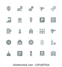 urban icon set. Collection of 25 filled urban icons included Hotel, Parking, Building, Walk, Traffic light, Napoli, Mall, Blaster, Bridge, Grip, Clock tower, London eye, Train station