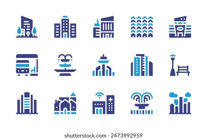 Conjunto de iconos Urbanas. Color duotono. Ilustración vectorial. Conteniendo ciudad, edificio, hospital, parada de autobús, calle, fuente, pueblo, paisaje urbano, centro comercial, casas, empresa.