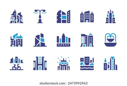 Urban icon set. Duotone color. Vector illustration. Containing building, bike, city, urbanity, fountain, canal, skyscrapers, officebuilding, streetlight.