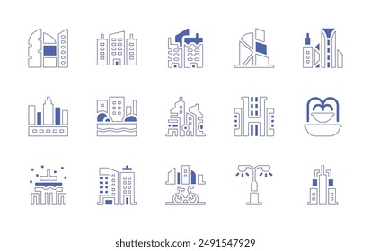 Urban icon set. Duotone style line stroke and bold. Vector illustration. Containing building, bike, city, urbanity, fountain, canal, skyscrapers, officebuilding, streetlight.