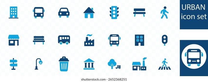 Conjunto de ícones urbanos . Apresentando construção, centro da cidade, propriedade, urbano, arquitetura, paisagem urbana, residencial e muito mais