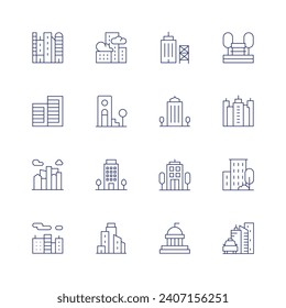 Urban icon set. Thin line icon. Editable stroke. Containing city, building, house, smog, buildings, construction, skyscraper, politics, park, pollution.
