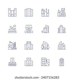 Urban icon set. Thin line icon. Editable stroke. Containing architectonic, cityscape, city, skyscraper, building, kibera, fountain, office building, hotel, research center, urban art, buildings.