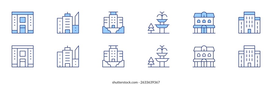 Urban icon set in two styles, Duotone and Thin Line style. Editable stroke. property, fountain, city, duplex, town, architectonic.