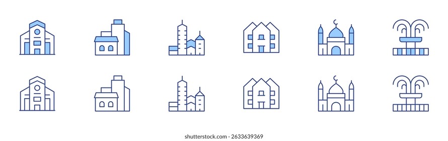 Ícone urbano definido em dois estilos, Duotônico e Linha fina. Curso editável. cobertura, casa, cidade, mesquita, fonte.