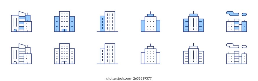 Urban icon set in two styles, Duotone and Thin Line style. Editable stroke. skyscraper, buildings, office building, building, smog.