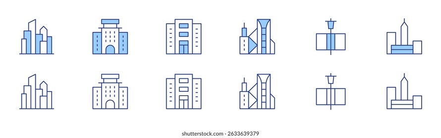 Urban icon set in two styles, Duotone and Thin Line style. Editable stroke. cityscape, city, hotel, street light, company, architecture and city.