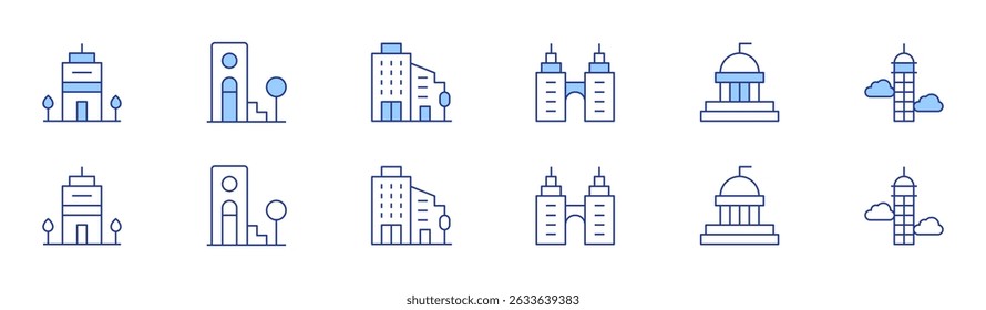 Urban icon set in two styles, Duotone and Thin Line style. Editable stroke. office, skyscraper, house, politics, building.