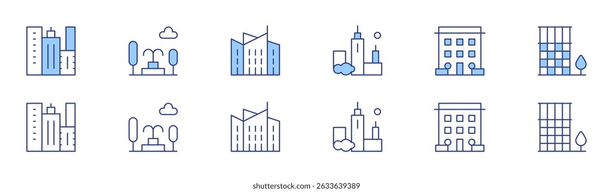 Ícone urbano definido em dois estilos, Duotônico e Linha fina. Curso editável. cidade, arquitetura e cidade, fonte, edifícios, arquitetura, bloco de escritório.