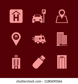 urban icon. urban vector icons set office building, flash driver, ambulance car and parked car