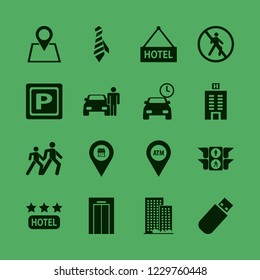 urban icon. urban vector icons set man with car, hotel three stars, parking time and location