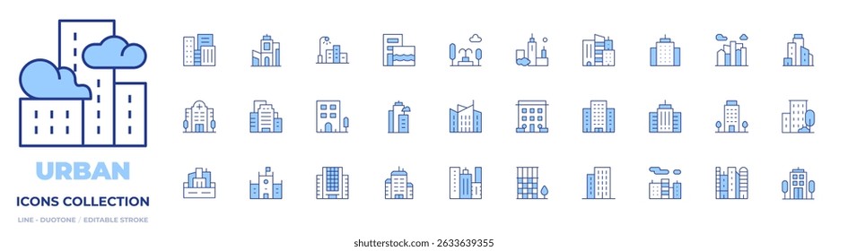 Urban icons collection. Line Duotone style, editable stroke. hospital, town hall, streetlight, office building, city, architecture and city, skyscraper, buildings, building, urban art, fountain, town