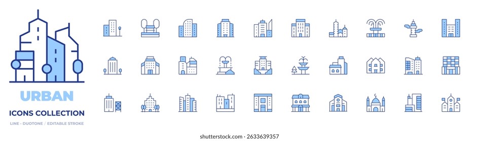 Coleção de ícones urbanos. Linha Duotone estilo, traço editável. construção, parque, edifícios, cidade, propriedade, fonte, cobertura, casa, edifício, arranha-céu, empresa, duplex, mesquita, prefeitura, escritório