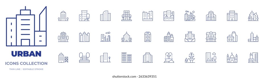 Coleção de ícones urbanos. Linha fina ícones, traço editável. paisagem urbana, cidade, edifícios, arranha-céu, fonte, edifício, cidade, escritório, duplex, construção, mesquita, cobertura, empresa, arquitetônico