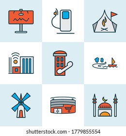 Urban icons colored line set with gas station, billboard, mill and other phone cabin elements. Isolated vector illustration urban icons.