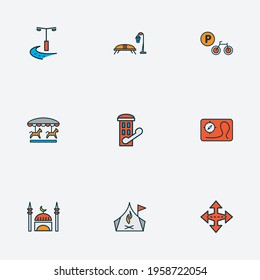 Urban icons colored line set with city lights, bench with streetlight, mosque and other bike elements. Isolated vector illustration urban icons.