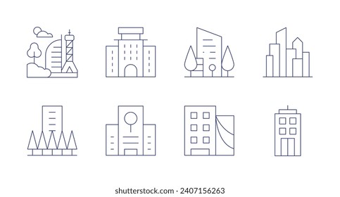 Urban icons. Editable stroke. Containing city, skyscraper, hotel, building, research center, urban art, cityscape.