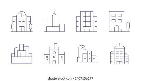 Iconos urbanos. Trazo editable. Consta de hospital, arquitectura y ciudad, ciudad, ayuntamiento, edificio, farol, edificio de oficinas.