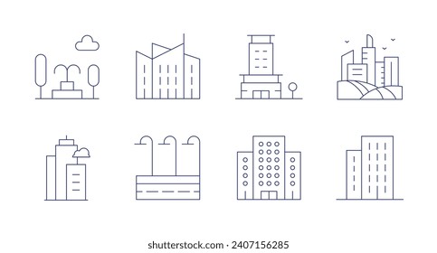 Urban icons. Editable stroke. Containing fountain, architecture, city, street lights, office, office building, building, skyscrapers.