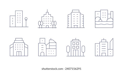 Urban icons. Editable stroke. Containing buildings, office, building, company, city, canal.