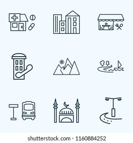 Urban icons line style set with restaurant, drug store, mountains and other pharmacy elements. Isolated vector illustration urban icons.