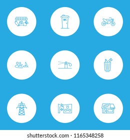 Urban icons line style set with motor bike, veterinary, bakery and other garbage container elements. Isolated vector illustration urban icons.