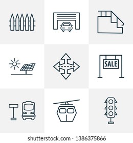 Urban icons line style set with for sale, bus stop, car garage and other autobus station elements. Isolated vector illustration urban icons.