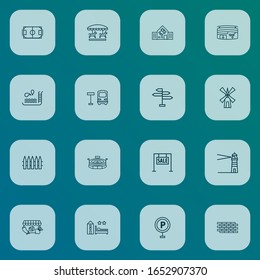 Urban icons line style set with swimming pool, lighthouse, football field and other palisade elements. Isolated vector illustration urban icons.