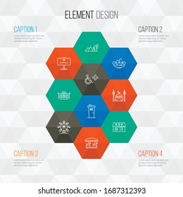 Urban icons line style set with disabled sign, ferris wheel, coffeeshop and other carousel elements. Isolated vector illustration urban icons.