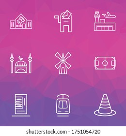 Urban icons line style set with mill, mosque, vending machine and other pitch elements. Isolated vector illustration urban icons.