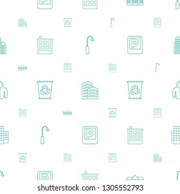 urban icons pattern seamless white background. Included editable line street lamp, business center, school, building, recycle bin, parking icons. urban icons for web and mobile.