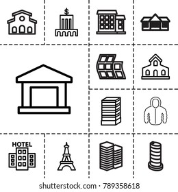 Urban icons. set of 13 editable outline urban icons such as building, business center building, eiffel tower, bank, hotel, modern curved building, business centre, hoodie